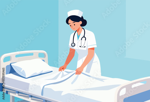 A medical illustration shows a nurse in uniform, adjusting the bedsheets in a hospital room setting