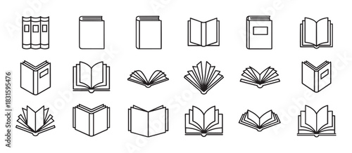 Collection of black line art book icons showing various open and closed positions for education and library concepts, presented in a clean, minimalist vector graphic style