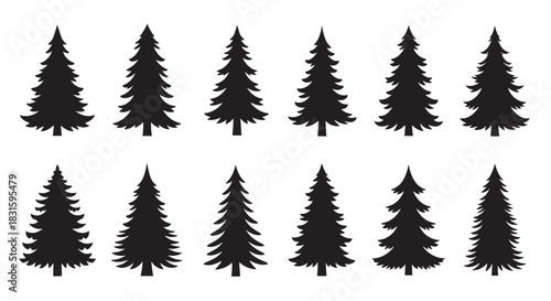 Black evergreen fir tree silhouette collection with various simple shapes for graphic design, showing different conifer and pine tree forms in a minimalist vector style