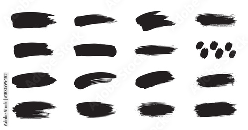 Collection of black grunge brush strokes and paint splatters showing various textures and shapes for artistic design elements, hand-drawn in a minimalist graphic style