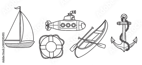 Black and white line art illustrations of nautical objects featuring a simple sailboat, cartoon submarine, canoe with paddles, a lifebuoy, and a classic anchor with a chain