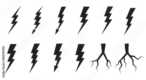 Collection of black lightning bolt icons and thunderbolt symbols in various graphic styles, including simple zig-zags, arrows, and branched electrical discharge silhouettes