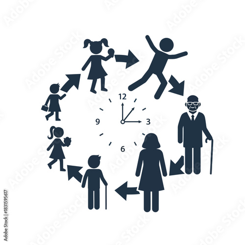 Life Cycle and Aging Process with Clock and People Silhouettes.