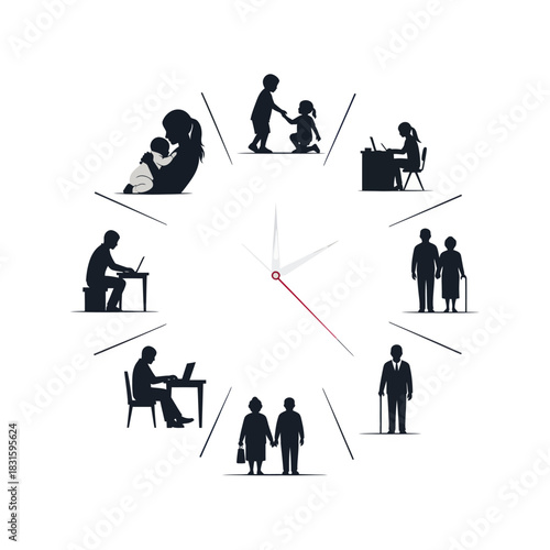 Conceptual illustration of the human life cycle as a clock.