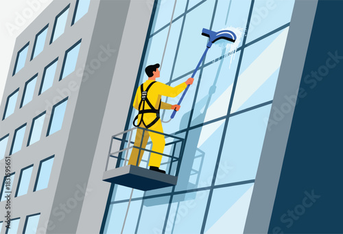 Illustration of a window cleaner working on a high-rise building, using a squeegee with safety harness