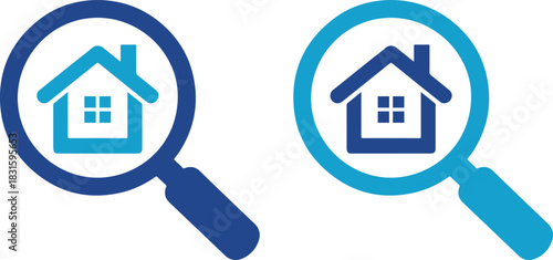 Real estate search icon with magnifying glass and house