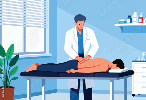 A doctor gives a massage to a patient lying on a table in a bright, minimalist clinic