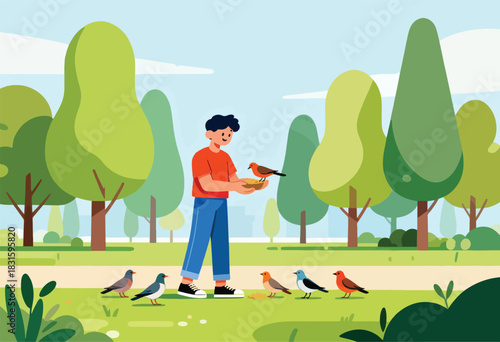 A person in a park feeds birds; various colorful birds are on the ground and one bird perched on the hand