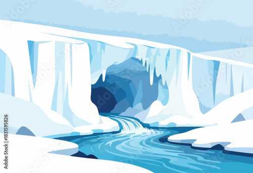 A stylized illustration depicting a glacial landscape with an ice cave, waterfall, and river. Colors of blue and white