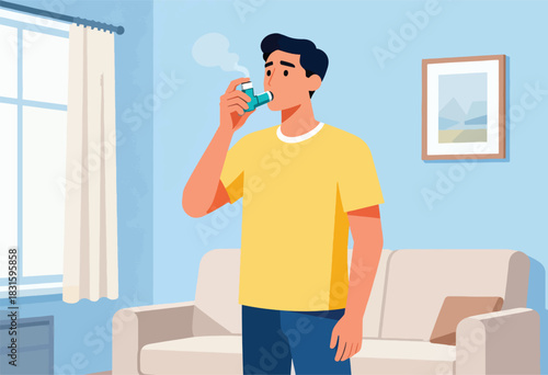 A man in a yellow shirt uses an inhaler indoors, with a window and sofa visible. A framed picture hangs