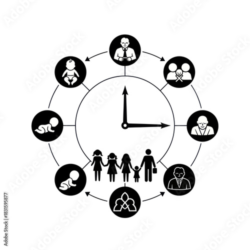 Life Cycle Stages Represented by Icons Around a Clock Face.