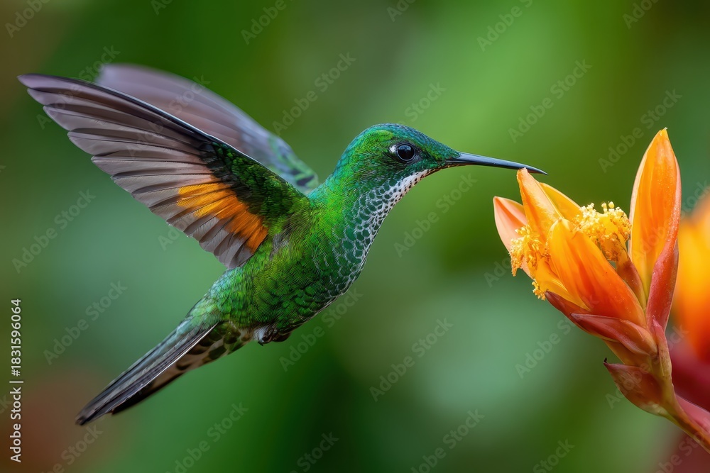 Fototapeta premium Greencrowned Brilliant hummingbird hovering near vibrant flower in a lush environment during the morning light in South America