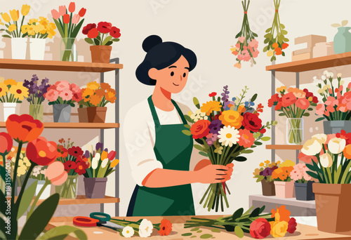 A florist in a bright shop holding a bouquet, surrounded by colorful flowers, shelves, tools, and hanging stems