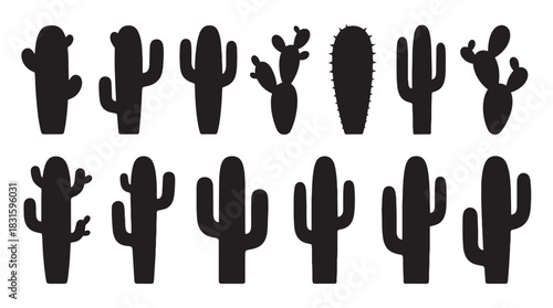 Collection of black cactus silhouettes in various shapes and sizes, presented as a set of graphic icons for design, showcasing different desert plant forms in a minimalist style