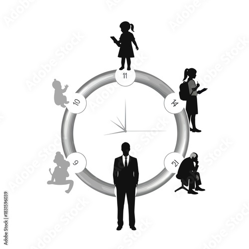 Stages of life depicted around a clock face.