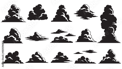 Collection of black stylized cloud silhouettes in various shapes, including smoke plumes and explosion puffs, rendered in a bold, graphic comic book art style illustration