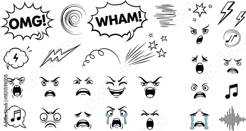 Collection of eight cartoon facial expressions showing a range of emotions from happy and excited to sad and angry hand drawn