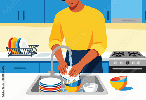 Illustration shows person washing dishes at a kitchen sink, with plates, bowls, and a stove in view