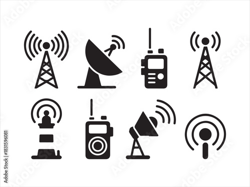 Communication Tower Antenna Silhouette Icon Set Vector Illustration