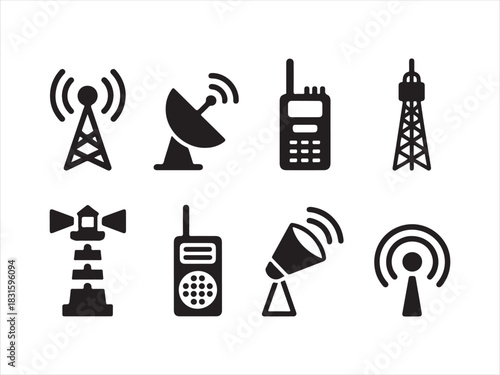 Communication Tower Antenna Silhouette Icon Set Vector Illustration