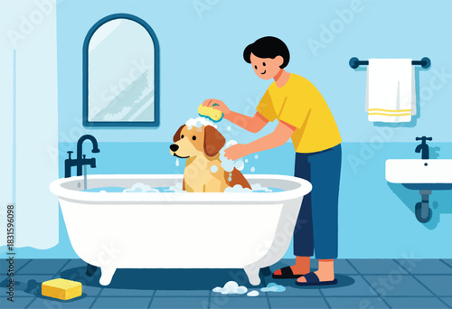 A person bathes a dog in a tub. The bathroom has a mirror, soap, sink, towel rack and other accessories