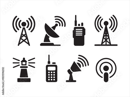 Communication Tower Antenna Silhouette Icon Set Vector Illustration