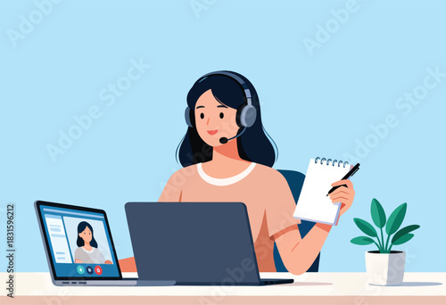An illustrated woman with a headset and notepad participates in a video call. A laptop, plant, and desk are present