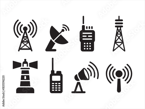 Communication Tower Antenna Silhouette Icon Set Vector Illustration