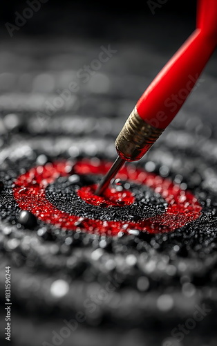 red dart hitting the bullseye on a black and white target, close-up of a red arrow hitting the center of a round target with space for text or design. unsplash photography style, stock photo.