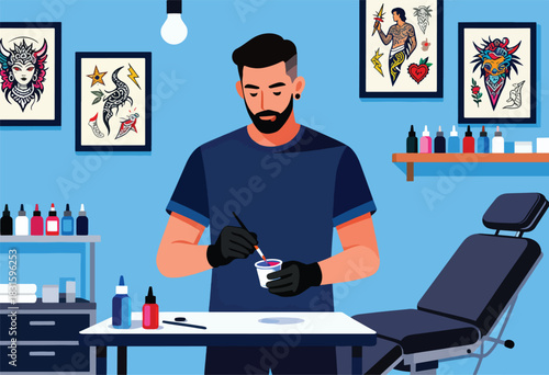 An illustrated tattoo artist at work, mixing colors in a studio, surrounded by artwork and supplies