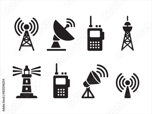 Communication Tower Antenna Silhouette Icon Set Vector Illustration