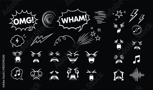 Collection of eight cartoon facial expressions showing a range of emotions from happy and excited to sad and angry hand drawn