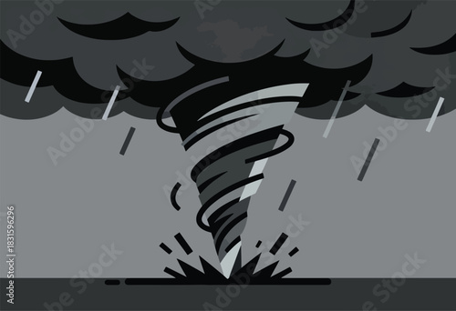 Illustration of a gray-scale tornado forming, under dark clouds with rain.  It's touching the ground with dust/debris