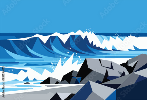 Geometric artwork depicts a stylized ocean wave cresting, crashing on rocky shore.  Color scheme is blues, white, grey, and black