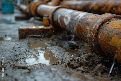 Rusty pipes leaking contaminated water in a muddy area, highlighting environmental pollution and infrastructure problems