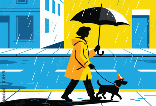 A person in a yellow raincoat and an umbrella walks a dog wearing a party hat in the rain