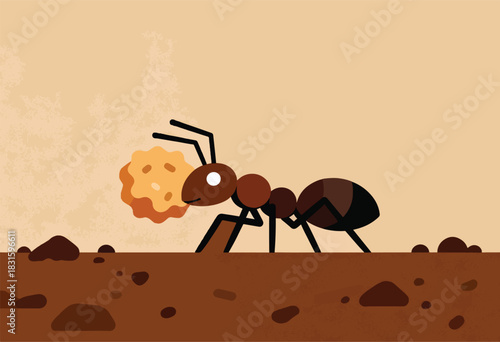 Illustration of an ant carrying a piece of food on its back. Simple, cartoon-like design with earth tones