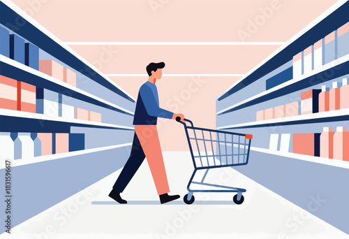 A person pushes a shopping cart through a grocery store aisle. Shelves are stocked with products