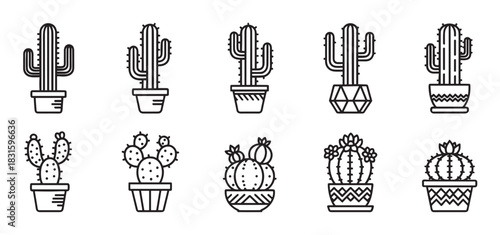 Collection of ten potted cactus icons in a simple black and white line art style, showcasing various succulent types with spines and flowers in decorative planters