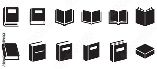 Set of twelve black book icons showing various open and closed positions in a simple, minimalist graphic style for educational and library concepts