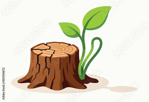 Illustration depicts a tree stump, cracked from use, next to a budding sapling with new green leaves