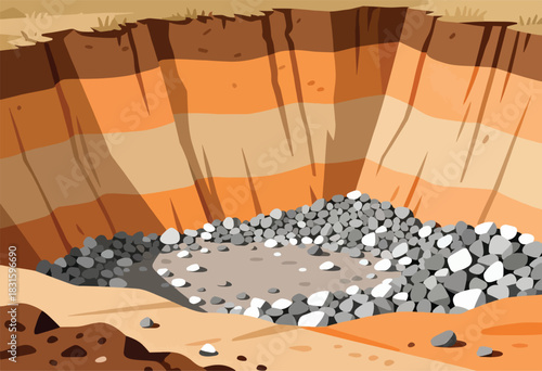 Cartoon illustration of a cross-section of earth showcasing layers of soil and rocks. A pile of stones rests at the bottom