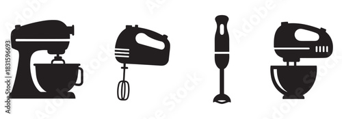 Set of four black kitchen mixer and blender icons, including a stand mixer, hand mixer, and immersion blender, presented in a simple silhouette graphic style