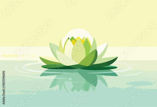 A stylized lotus flower, green petals with a yellow center, floats on water with reflections
