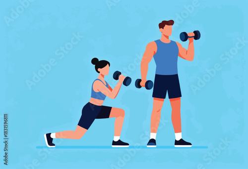 Illustration of a woman performing a lunge with a dumbbell while a man lifts a dumbbell beside her