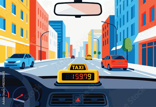 Inside a taxi cab, the street stretches ahead with city buildings, other cars, and a fare meter