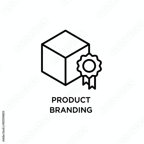 A sleek line art icon representing product branding, featuring a minimalist geometric box and a quality award seal, perfect for modern business and marketing graphics