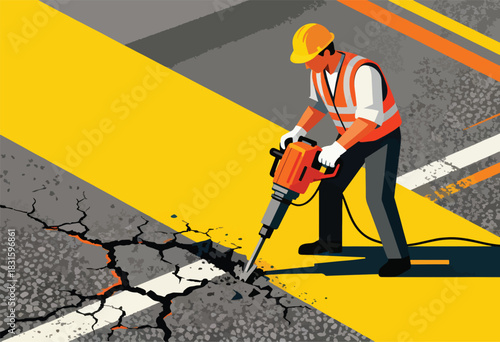 A construction worker, wearing safety gear, uses a jackhammer to break up cracked asphalt on a yellow-marked road