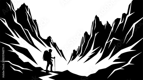 Hiker Crossing River Silhouette – Mountain Adventure Vector Scene