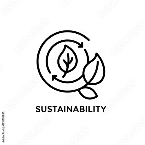 Thin line sustainability icon featuring a leaf in a circular arrow, symbolizing green practices, ecology, and natural recycling